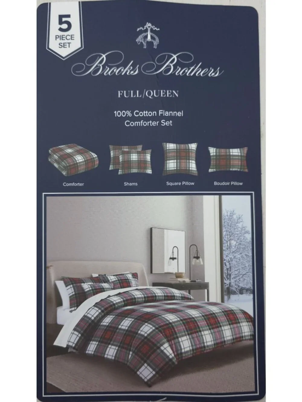 Brooks Brothers Queen 5pack Cotton Flannel Comforter Set with Decorative Pillows